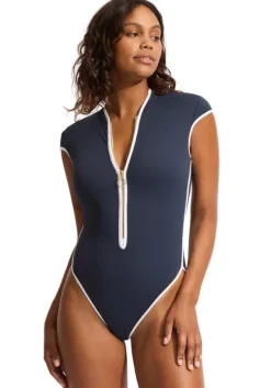 Beach Bound Zip Front Swimsuit Navy