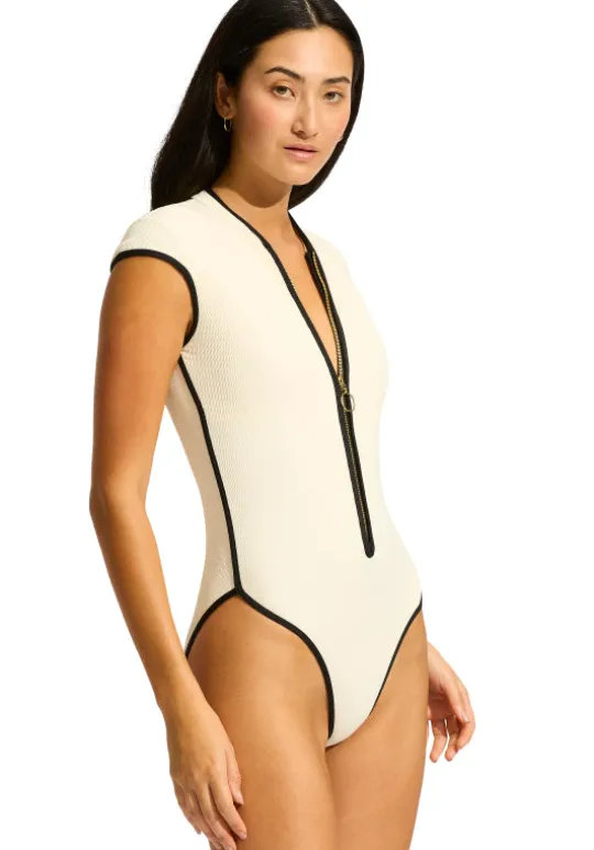 Beach Bound Zip Front Swimsuit Ecru