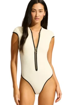 Beach Bound Zip Front Swimsuit Ecru