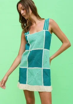 Crochet Checkered Mini Dress Blue
