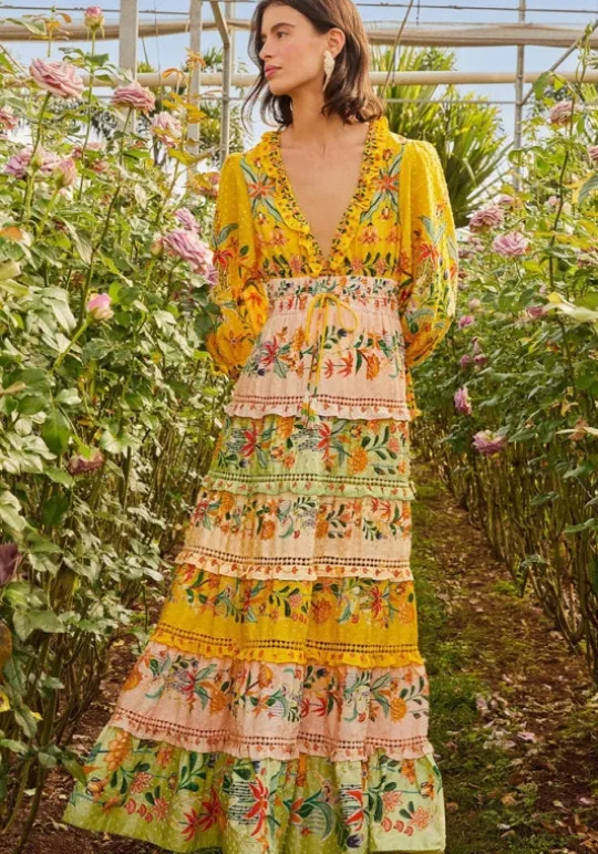 Delicate Flowers Stripes Maxi Dress