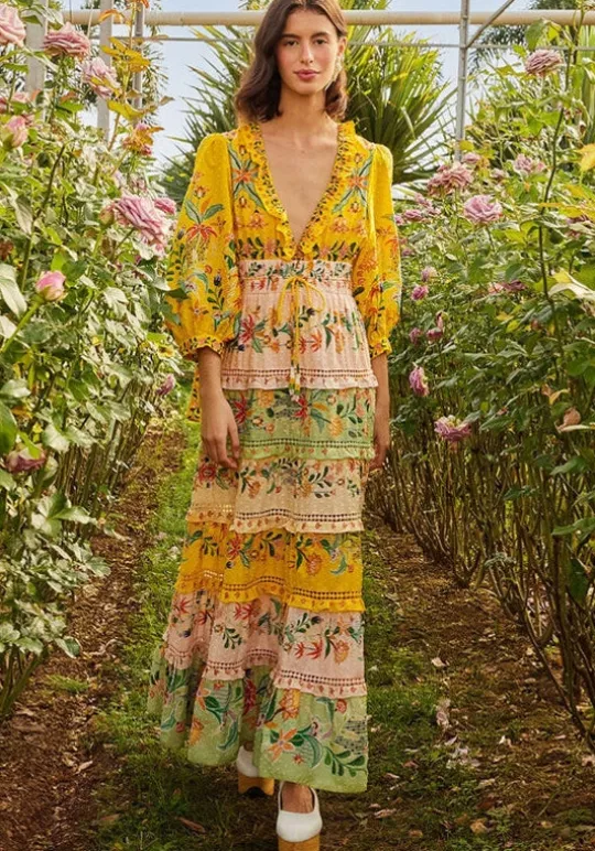 Delicate Flowers Stripes Maxi Dress