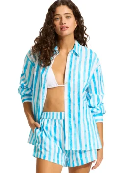 Isla Palm Oversized Beach Shirt Turquoise
