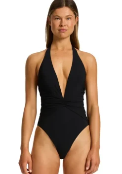 Jetset Ruched Plunge Swimsuit Black