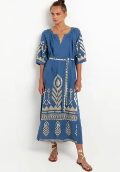 Maxi Kaftan with Feather Embroidery Indigo