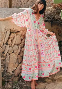Mexican Embroidered V Neck Maxi Dress