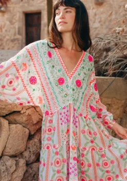 Mexican Embroidered V Neck Maxi Dress