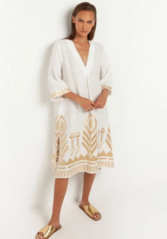 Midi Kaftan With Gold Embroidery White