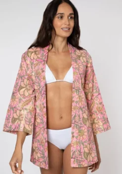 Pink Floral Short Kimono