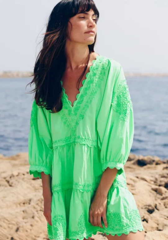Poplin V Neck Mini Dress Apple